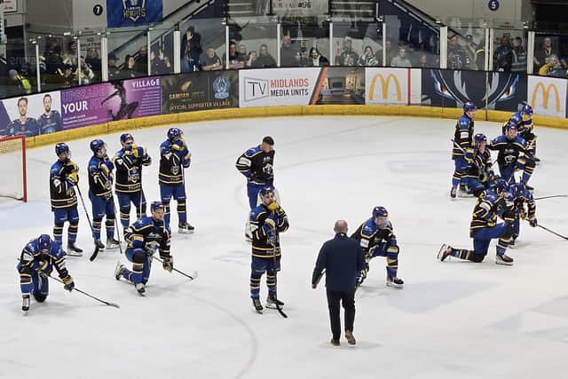 DOWNED: Leeds Knights show their disappointment after being beaten 5-4 in overtime by Milton keynes Lightning at Coventry's SkyDome Arena. Picture: Phil Harrison