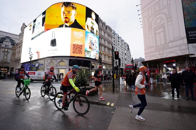 The final three days of his challenge have also taken Sinfield to Dublin and Brighton. He is pictured passing through Piccadilly Circus on day seven of his challenge in London.
