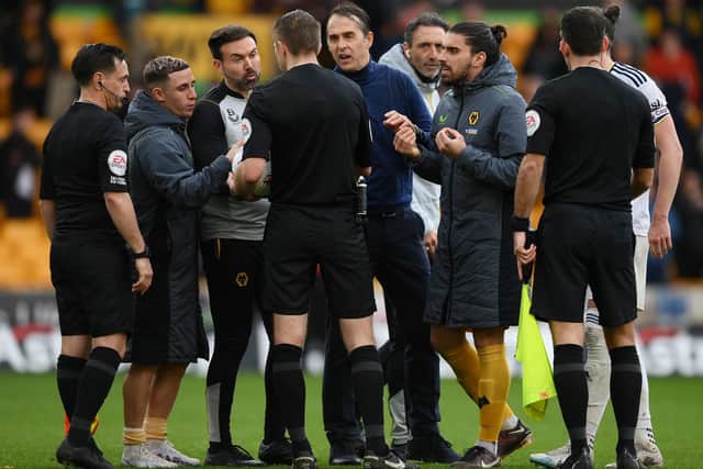MOTIVATION: For Wolves and boss Julen Lopetegui, centre, pictured clashing with referee Michael Salisbury after March's 4-2 defeat against Leeds United at Molineux.
Photo by Shaun Botterill/Getty Images.