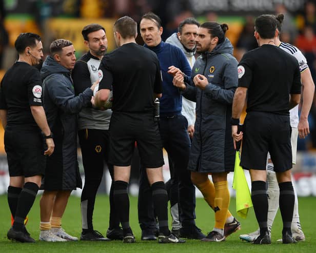 MOTIVATION: For Wolves and boss Julen Lopetegui, centre, pictured clashing with referee Michael Salisbury after March's 4-2 defeat against Leeds United at Molineux.
Photo by Shaun Botterill/Getty Images.