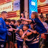 Leeds Rhinos' Lachie Miller was a bi hit at the Rugby League in Las Vegas Fan Fest at Fremont Street Experience. Picture by Alex Whitehead/SWpix.com