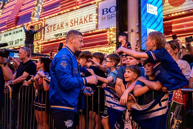 Leeds Rhinos' Lachie Miller was a bi hit at the Rugby League in Las Vegas Fan Fest at Fremont Street Experience. Picture by Alex Whitehead/SWpix.com
