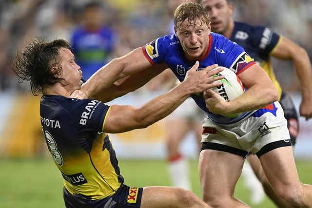 Lachie Miller, pictured on the ball for Newcastle Knights against North Queensland Cowboys this year, will join Rhinos in pre-season, but coach Rohan Smith says there are still spots to fill at the top end of the first team squad. Picture by Ian Hitchcock/Getty Images.