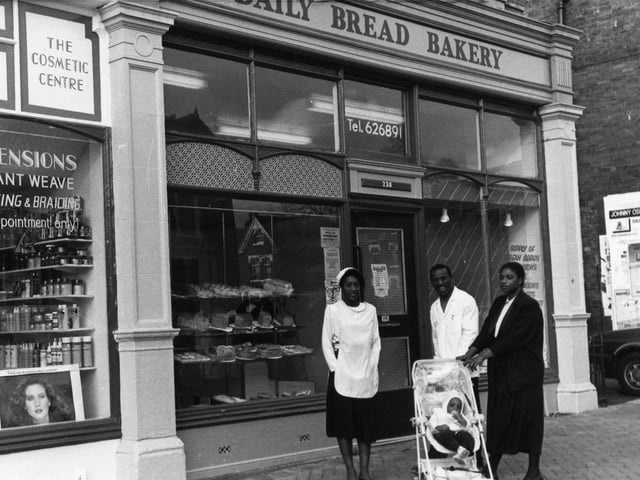 The Daily Bread Bakery, a Caribbean baker on Chapeltown Road. It was housed in one of the shop units of the Chapeltown Business Centre and run by Ma and Floyd 'the Man' Parris. All the bread and cakes are freshly baked on the premises and include a British and Caribbean range.