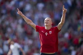 FALSE HOPE: As Erling Haaland celebrates putting Norway ahead from the penalty spot. Photo by HEIKO JUNGE/NTB/AFP via Getty Images.