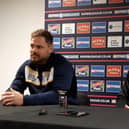 Former housemates Aidan Sezer, of Leeds Rhinos and Huddersfield Giants' Chris McQueen at this week's press conference to promote Sunday's game between the sides at Headingley. Picture by Luke Smith.