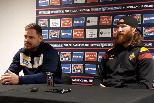 Former housemates Aidan Sezer, of Leeds Rhinos and Huddersfield Giants' Chris McQueen at this week's press conference to promote Sunday's game between the sides at Headingley. Picture by Luke Smith.