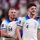 AL KHOR, QATAR - DECEMBER 04: Kalvin Phillips (L) and Declan Rice of England celebrate after the 3-0 win during the FIFA World Cup Qatar 2022 Round of 16 match between England and Senegal at Al Bayt Stadium on December 04, 2022 in Al Khor, Qatar. (Photo by Julian Finney/Getty Images)
