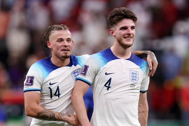 AL KHOR, QATAR - DECEMBER 04: Kalvin Phillips (L) and Declan Rice of England celebrate after the 3-0 win during the FIFA World Cup Qatar 2022 Round of 16 match between England and Senegal at Al Bayt Stadium on December 04, 2022 in Al Khor, Qatar. (Photo by Julian Finney/Getty Images)