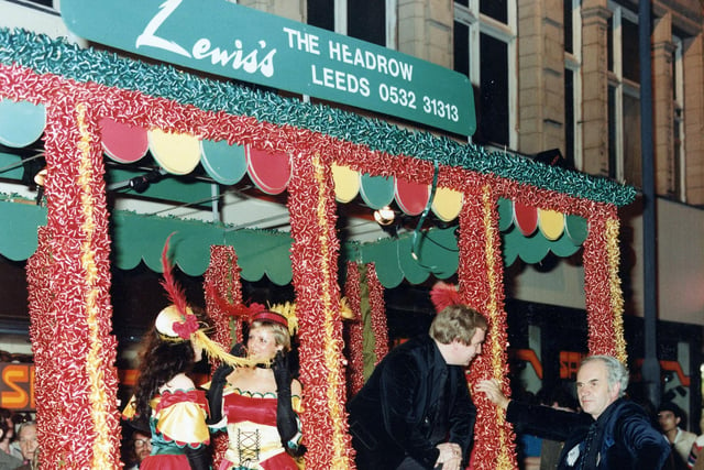 The carriage of the American Western 'steam engine' which was Lewis's entry in the 7th Annual Lord Mayor's Parade. It was cleverly designed and the colourful red, green and gold effect was achieved by over 20,000 ribbon bows of the type used to decorated parcels. This attention to detail help it to win the 'Lord Mayor's Award for the Best Overall Entry' on the day.