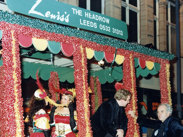 The carriage of the American Western 'steam engine' which was Lewis's entry in the 7th Annual Lord Mayor's Parade. It was cleverly designed and the colourful red, green and gold effect was achieved by over 20,000 ribbon bows of the type used to decorated parcels. This attention to detail help it to win the 'Lord Mayor's Award for the Best Overall Entry' on the day.