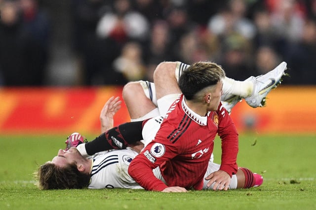 Manchester United's Lisandro Martinez catches Patrick Bamford in the face whilst the pair are on the floor together. Martinez's movement is deemed unintentional and no action is taken. (Photo by OLI SCARFF/AFP via Getty Images)
