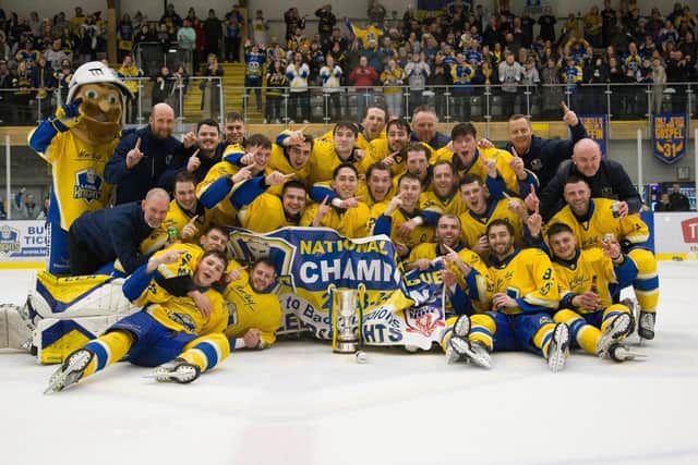 CHAMPIONS: Leeds Knights celebrate winning the NIHL National league title for the second year running Picture courtesy of Jacob Lowe/Knights Media