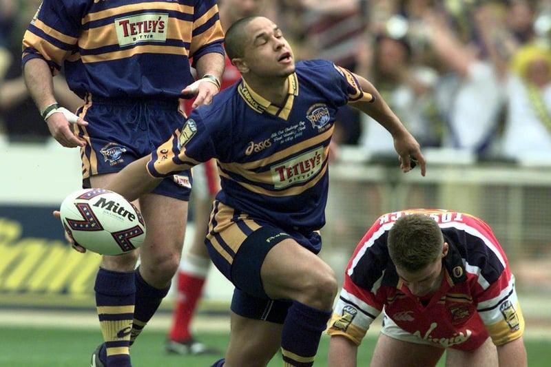 Marcus St Hilaire celebrates scoring for Leeds Rhinos in their 52-16 thrashing of London Broncos 25 years ago.