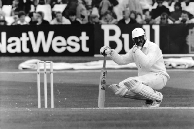 Graham Gooch takes a moment to collect himself and set new targets after reaching his century during the Test Match against the West Indies at Headingley in June 1991.