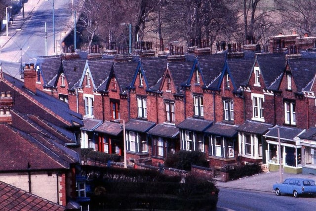 A view from the tower of Christ Church, Upper Armley in April 1969. Ridge Road can be seen crossing Stanningley Road and going up to Armley Ridge Terrace with allotments to the left.