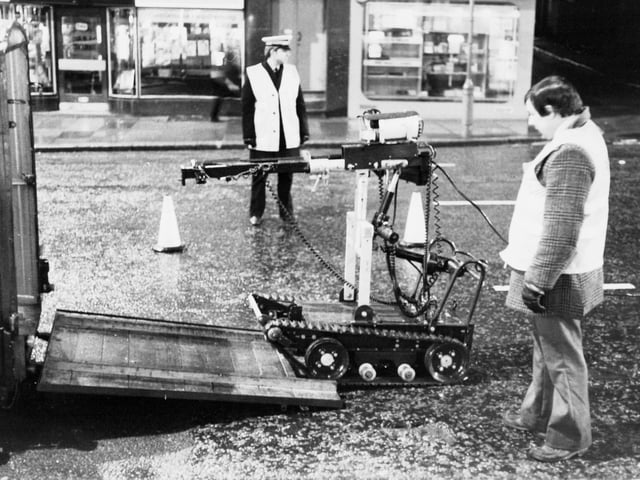 Goliath, the Army's robot device for dealing with terrorist bombs is put back into it's trailer after a bomb scare in February 1977.