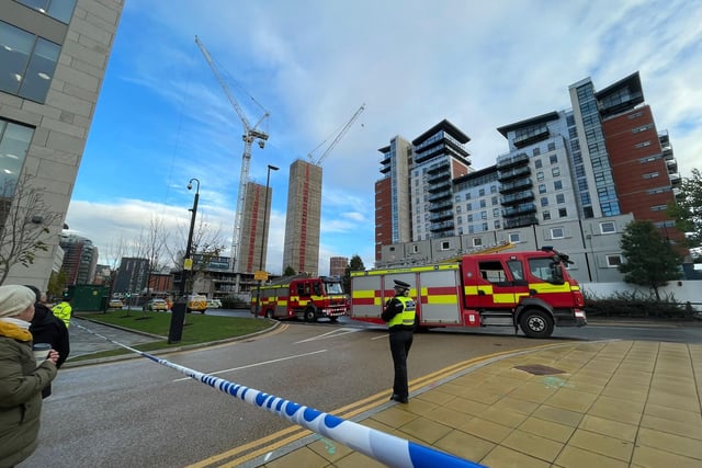 Fire crews said they were called at 1.36pm to reports of an 'unstable structure', which was a 'large crane'.