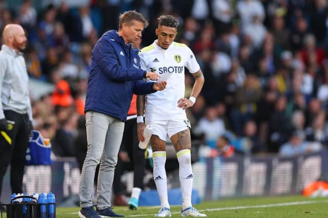 HONEST CHAT - Raphinha returned to Thorp Arch for training and a conversation with Leeds United head coach Jesse Marsch. Pic: Getty