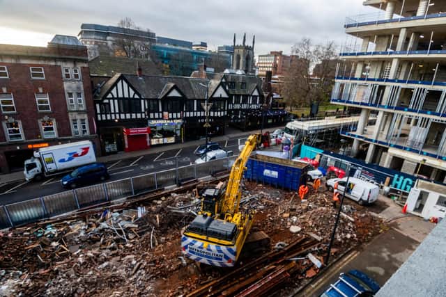 Demolition of the former Blue Coyote nightclub on Merrion Street, Leeds, which is being replaced with student flats (Photo: James Hardisty)