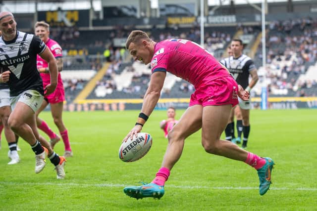 Ash Handley touches down for his fifth try against Hull. Picture by Bruce Rollinson.