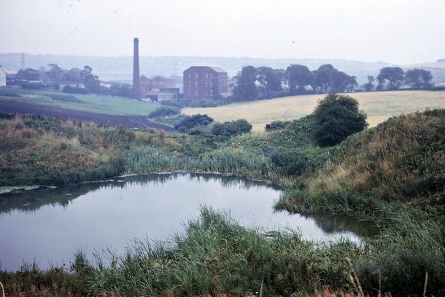 The Gillroyd Mills and the Bantam Grove Mills were the last two to be built along the course of Owlers Beck which originated near the top of High Street. This photograph is taken on land belonging to Gillroyd Mills and in the foreground there is a flooded clay pit. Pictured in September 1966.