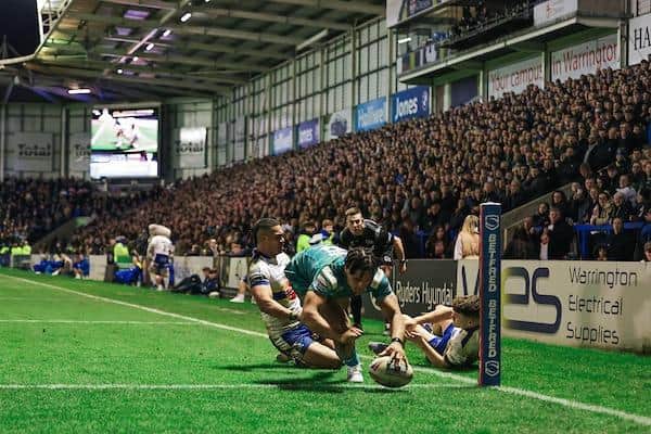 Derrell Olpherts scored Rhinos' first try of this season, in round one at Warrington. Picture by Alex Whitehead/SWpix.com.