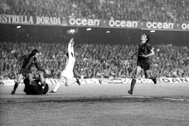 Peter Lorimer celebrates after scoring for Leeds United during the European Cup semi-final second leg against Barcelona in the Nou Camp in April 1975.
