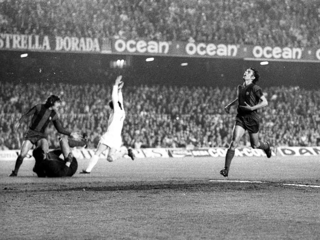 Peter Lorimer celebrates after scoring for Leeds United during the European Cup semi-final second leg against Barcelona in the Nou Camp in April 1975.