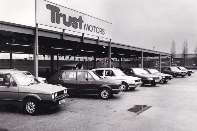 Trust Motors (Leeds) Ltd on Geldard Road was one of the largest Audi Volkswagen dealers in the area. Staff wore blazers so they were easily identifiable by people contemplating changing their car. Pictured in April 1984.