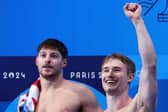 Anthony Harding and Jack Laugher, right, of Team Great Britain react after competing in the Men's Synchronised 3m Springboard Final (Picture: Quinn Rooney/Getty Images)