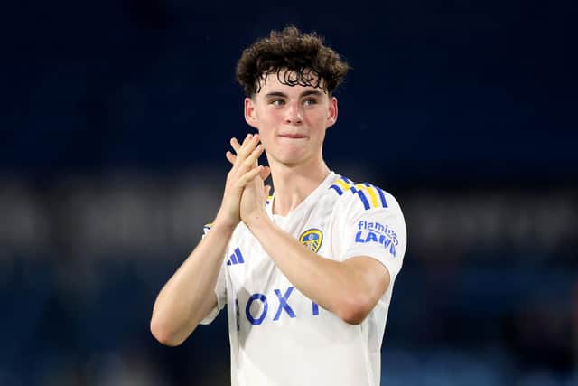 LOVING IT: Seventeen-year-old Leeds United midfielder Archie Gray, pictured after victory against Shrewsbury Town in the Carabao Cup first round at Elland Road. 
Photo by George Wood/Getty Images.