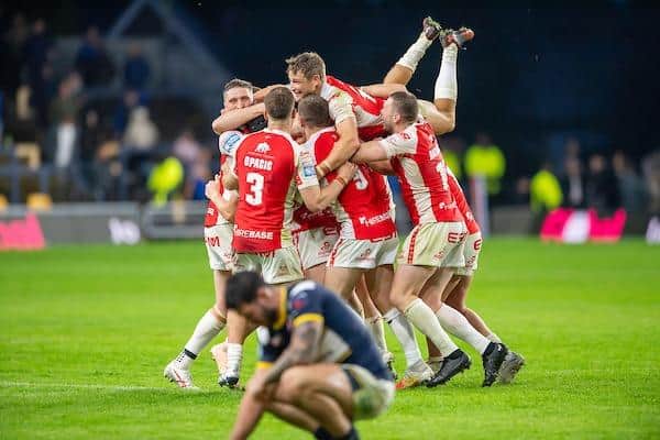 Hull KR celebrate their golden-point extra-time win at AMT Headingley last July. Picture by Allan McKenzie/SWpix.com.