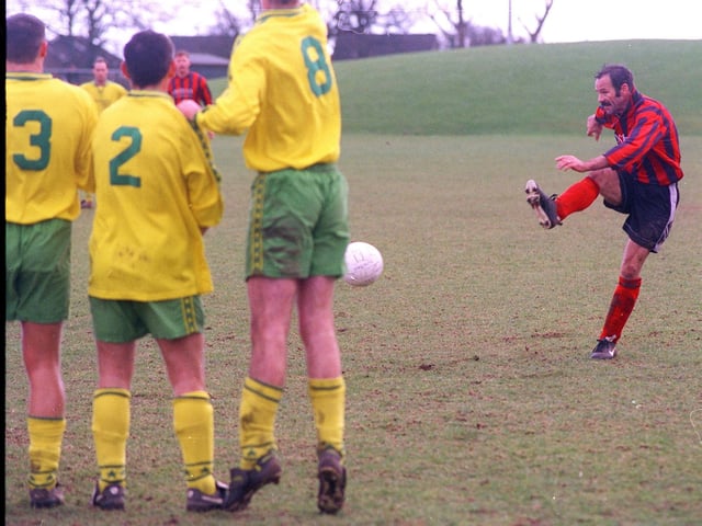 Paul Heaton of Adel scores an equaliser during the Leeds and District Sunday Senior Cup clash against Monkbridge in February 1999.