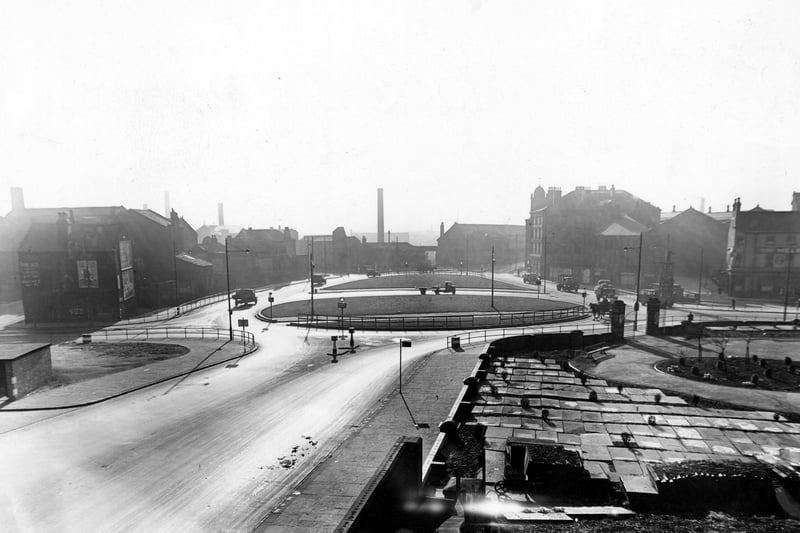 An elevated view looking south over the roundabout from Duke Street towards Marsh Lane (on the left), Kirkgate (on the right) and Garden Street (ahead). Pictured in November 1945.