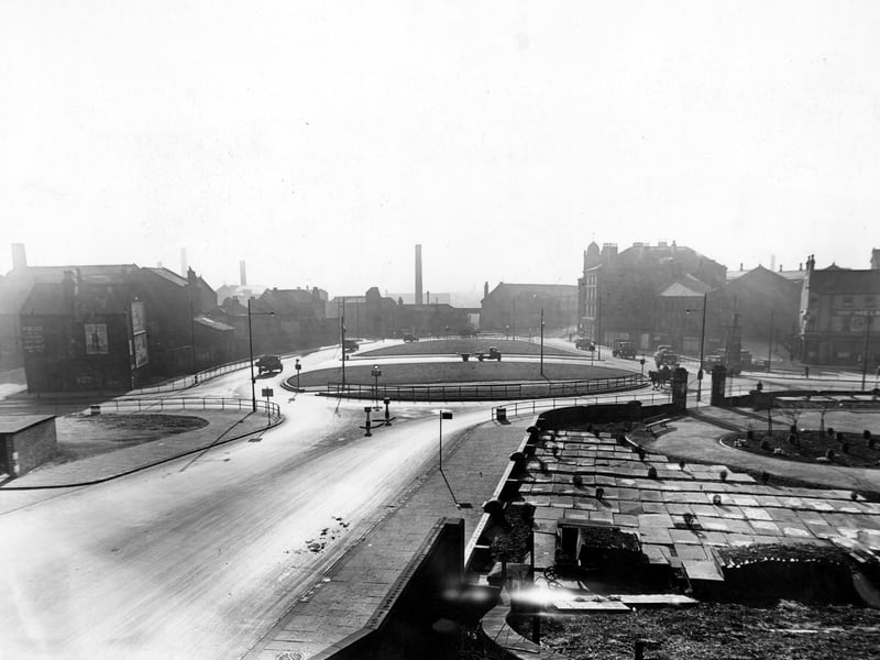 An elevated view looking south over the roundabout from Duke Street towards Marsh Lane (on the left), Kirkgate (on the right) and Garden Street (ahead). Pictured in November 1945.