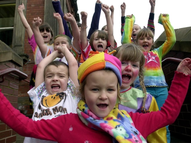 Pupils at Hillside Primary School who dressed up in five colours to raise money for UNICEF in  February 2002.