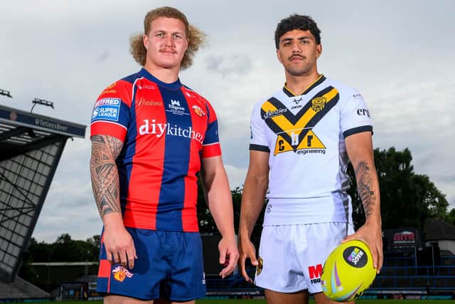 Wakefield Trinity's Caius Faatili, left, with Krystian Mapapalangi of Castleford Tigers. Picture by Allan McKenzie/SWpix.com.