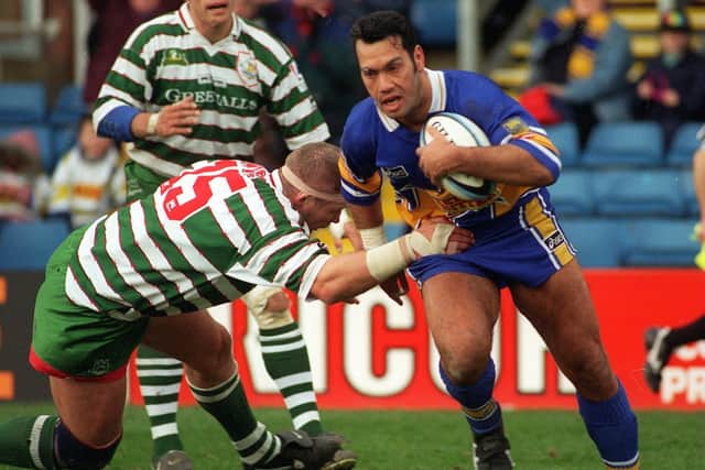 Kevin Iro scores Leeds' first Super League points, during a home loss to Warrington in March, 1996. Picture by Steve Riding.