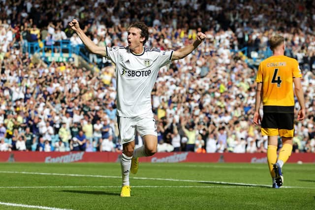 OPENING STATE-MENT: USA international star Brenden Aaronson celebrates Leeds United's winner against Wolves. 
Photo by David Rogers/Getty Images.