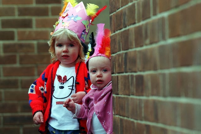 Jenny McLoughlin and her sister, Suzanna parade their hats on NSPCC Children's Day at Alwoodley Methodist Church in May 1998.