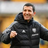 Leeds United manager Javi Gracia celebrates after the final whistle in the Premier League match at Molineux Stadium, Wolverhampton. Picture date: Saturday March 18, 2023. (Credit: PA)