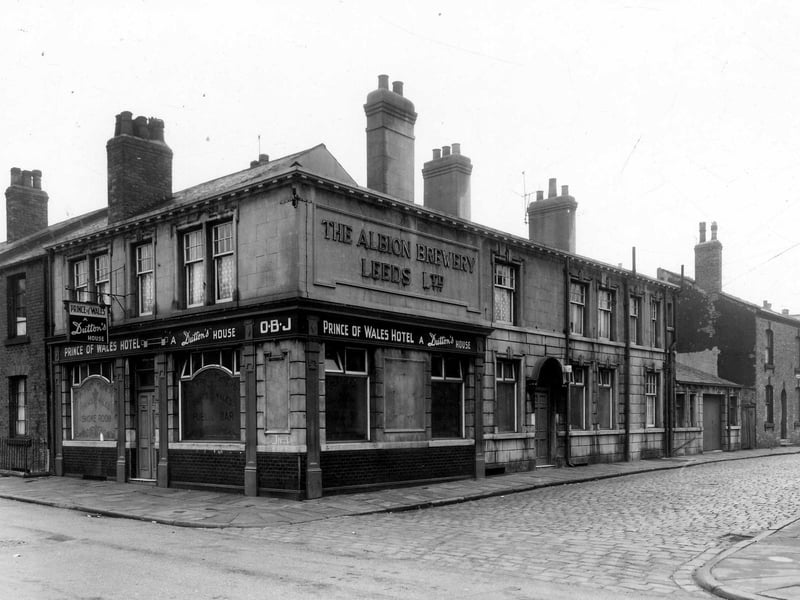The Prince of Wales Hotel pictured in November 1959. This public house was located in Burley at the corner with Wordsworth Street to the left and Gibbs Street on the right. The current signs indicate that Duttons beer was sold but an older sign is for the Albion Brewery which was opened in 1897 at 50 Woodhouse Lane by John Young and Co.