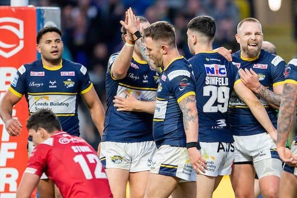 Rhinos celebrate Richie Myler's try agianst Salford in May, but they went on to lose the game. Picture by Allan McKenzie/SWpix.com.