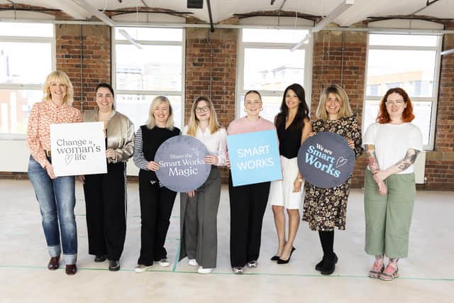 L-R, In the new Mabgate Mills centre: Smart Works Leeds trustees Ruth Cherry, Ally Dowsing-Reynolds, Chair of the Board Tracy Fletcher, staff member Hannah Boyle, intern Ellie Henson, Ambassador