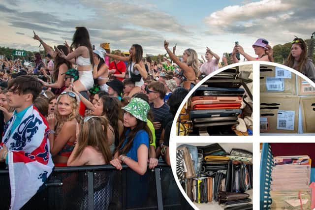 Crowd scenes at Leeds Festival 2023 at Bramham Park, and, inset, an image showing unclaimed lost property shared by Leeds Festival Angels.