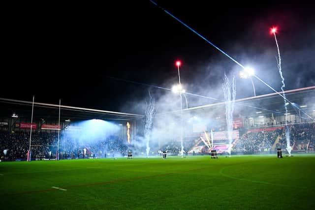 Leeds Rhinos fan Alex Sharp enjoyed the pre-match show at Leigh Leopards. Picture by Olly Hassell/SWpix.com.