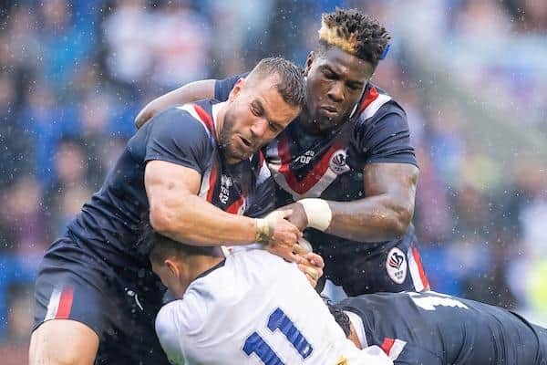 Mickael Goudemand - pictured, left, in Test action for France alongside Leeds' Justin Sangare - will join Rhinops in pre-season from Catalans Dragons and can play seconed-row or loose-forward. Picture by Allan McKenzie/SWpix.com.