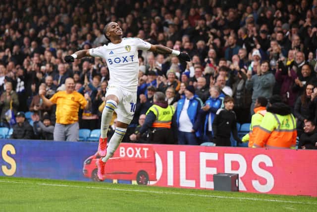 FLYING: The dazzling Crysencio Summerville celebrates scoring his second and Leeds United's fourth. Photo by George Wood/Getty Images.