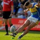 Jake Connor lands a conversion in Leeds Rhinos' win against Warrington Wolves last Saturday. Picture by Steve Riding.